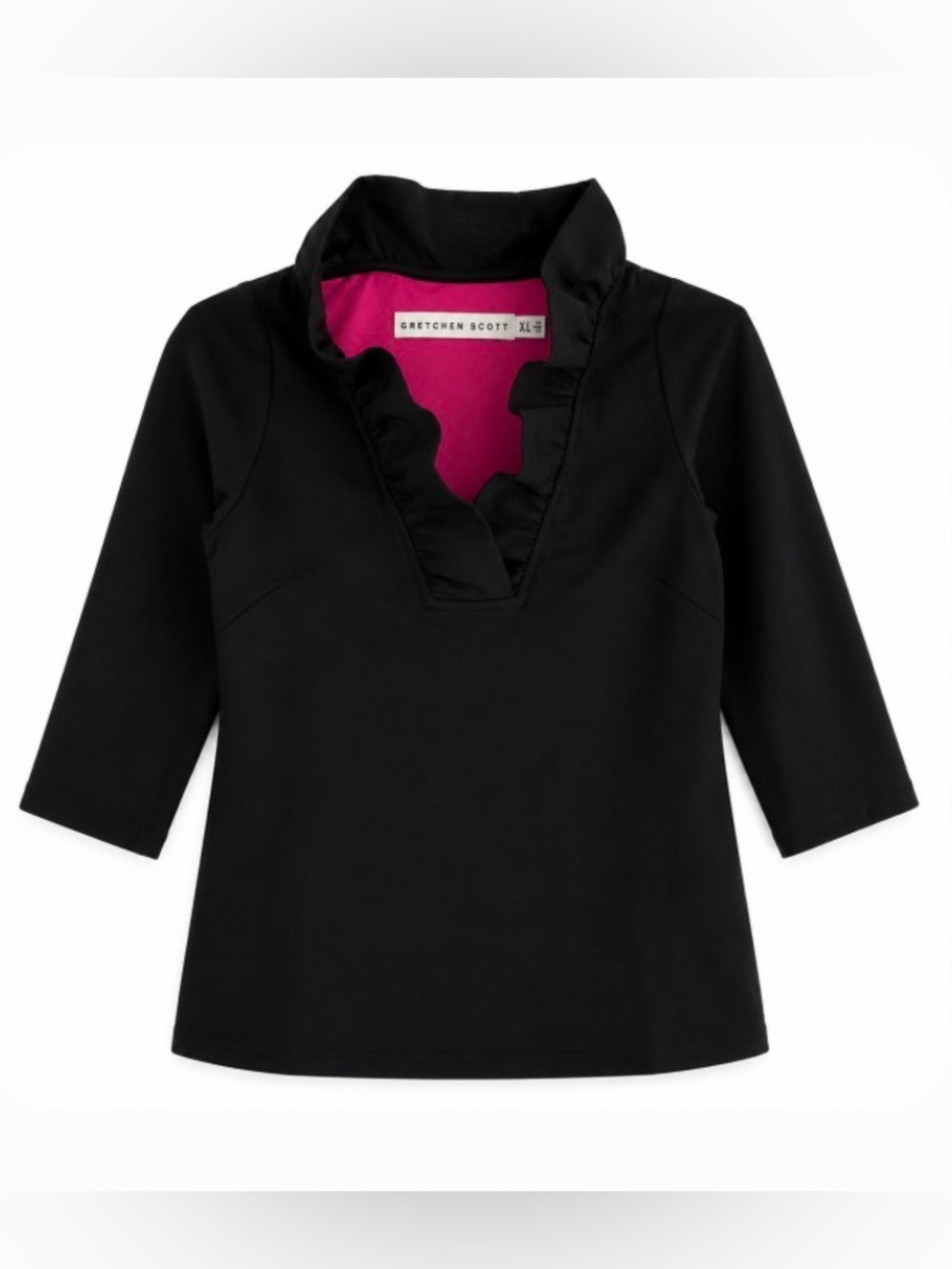 Gretchen Scott Designs Black Top with Pink Lined Ruffled V-Neck
